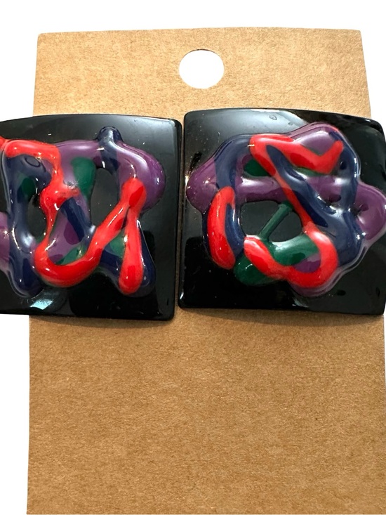 Vintage Jewelry - (2 for $30) Abstract Enamel Statement Earrings - Black, Red, Purple & Green